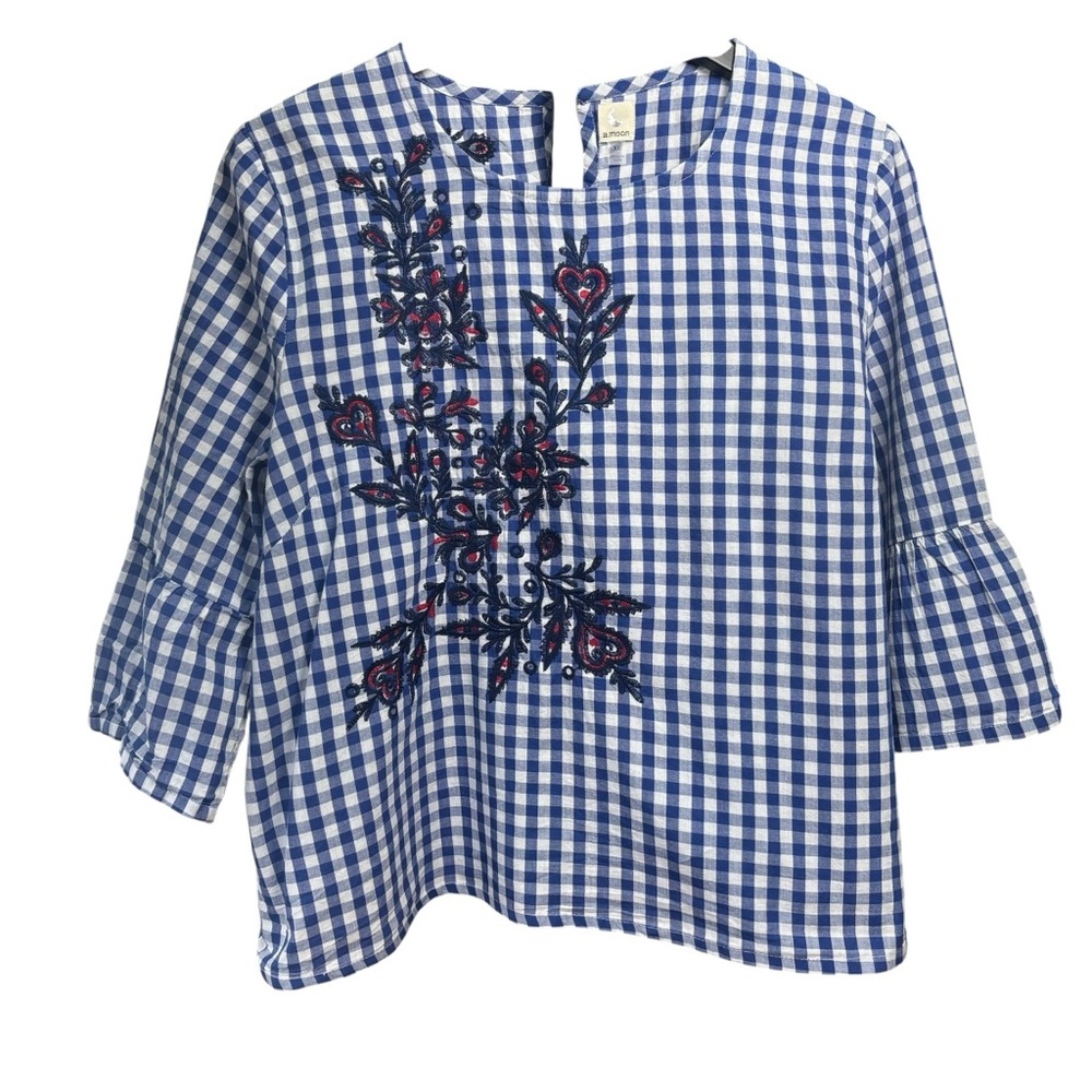 A. Moon Blu & Wht Checkered  Embroidered Floral Top Women’s XL Cottagecore